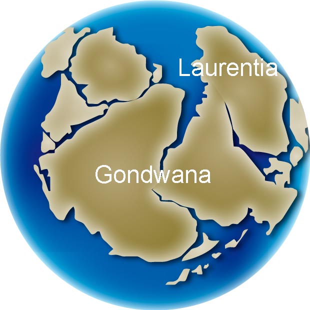 Colour image of globe showing changing position of continents Gondwana, Laurentia