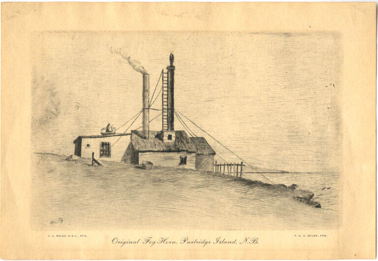 Impression noir et blanc illustrant un bâtiment dont le toit porte une cheminée et un mat surmonté d’une sirène