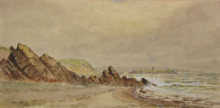 Aquarelle d’un rivage avec des couches rocheuses visibles sur la côte