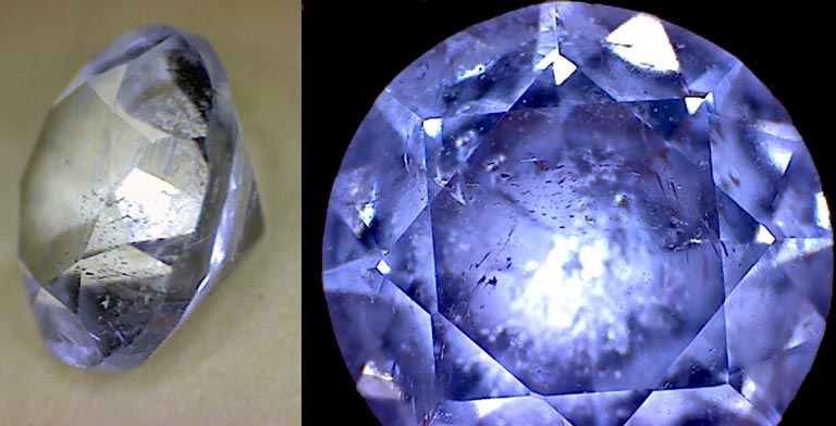 Double image couleur d’une pierre précieuse ronde et claire avec un reflet bleu