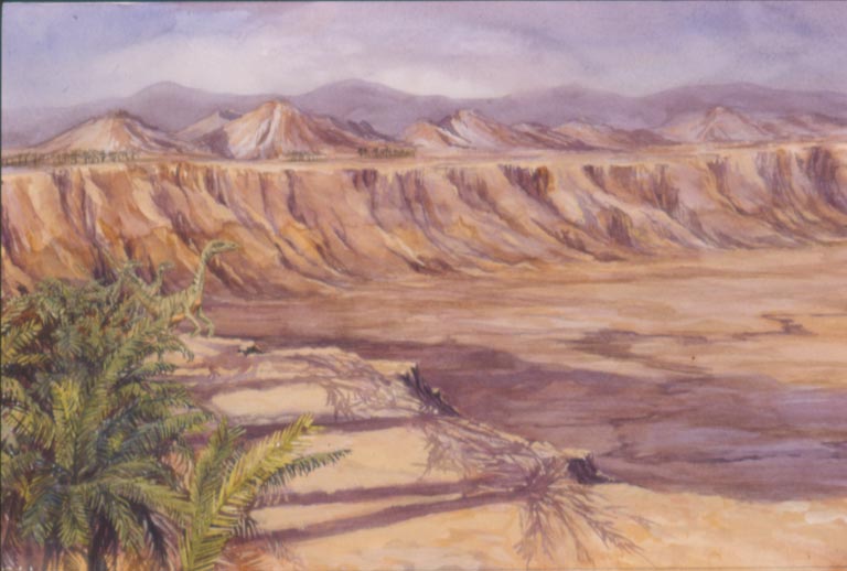 Aquarelle d’un grand reptile qui marche sur la boue rouge