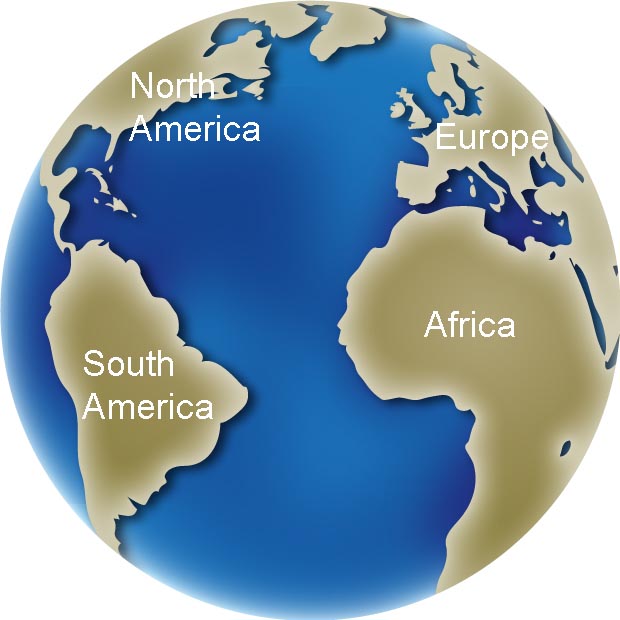 Colour image of globe showing changing position of continents today, North America, South America, Europe and Africa