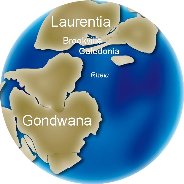 Image couleur du globe montrant le déplacement des continents Gondwana, Laurentia, Brookville, Caledonia