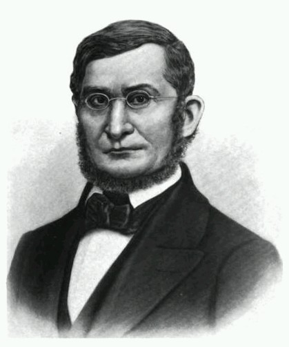 Estampe noir et blanc illustrant un homme portant costume noir, barbe et lunettes