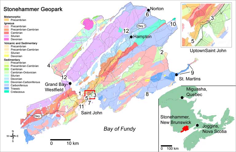 Map of Saint John region and Stonehammer Geopark with colour coded geological time periods